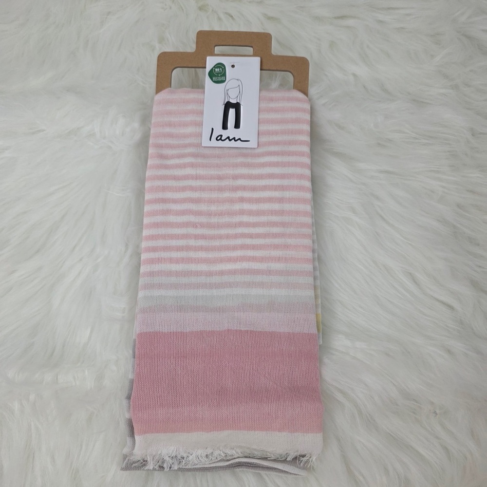 Pink, Gray and White Striped Scarf with frayed Hem